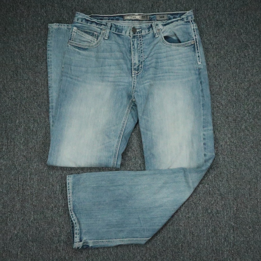 BKE Jeans Mens 36x33 Blue Tyler Light‎ Wash Thick Stitch 5 Pocket Straight Leg